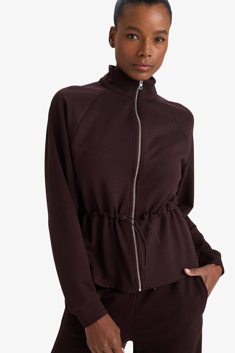 DeFacto Brown Woman Standard Fit Stand Collar Fleece Lining Modal Zip-Up Sweatshirt Casual - Image 1